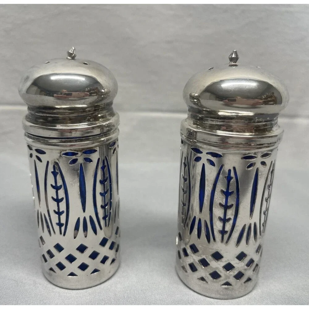 Vintage Royal Sapphire Silver Plate Cobalt Blue Glass Salt Pepper Shakers 4